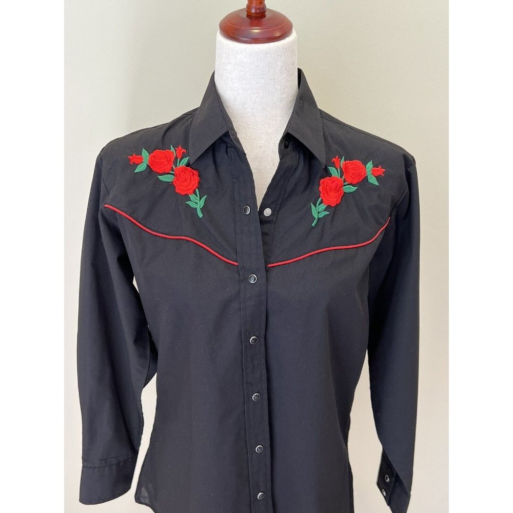 Vintage Ely Country Charmers Pearl Snap Embroidered Roses Shirt Women’s M Rodeo
